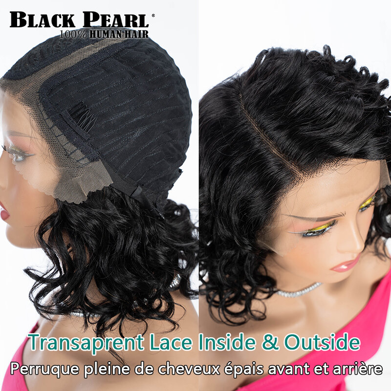 Peluca de cabello humano con encaje transparente para mujer, pelo corto brasileño ondulado con corte BOb, parte en T, predespuntado, 99J, a la venta