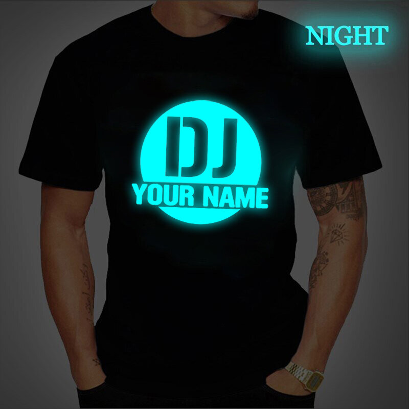 Camisetas con estampado de DJ para hombre y mujer, camisetas personalizadas, camisetas de DJ con logotipo de tu nombre, camisetas divertidas, camisetas luminosas