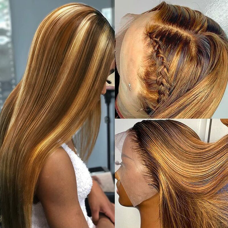 P4/27 Highlight Colored Straight Lace Front Wigs Piano Blonde Brown Peruvian Human Hair Lace Frontal Closure Wigs With Baby Hair