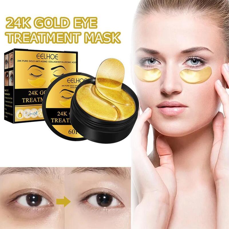 Masker Perawatan wajah, 60 buah/boks 24K emas asam hialuronat untuk menghilangkan lingkaran mata hitam kolagen di bawah mata