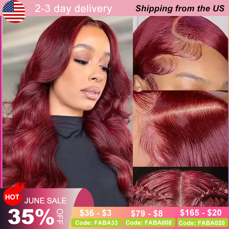 99J Body Wave Lace Front Wig Human Hair Wig With Baby Hair Burgundy  Water Wave HD Transparent Lace Front Wig for Black Women