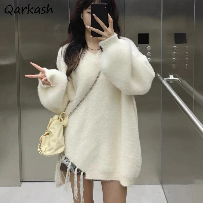 Pullovers Women Solid Fluffy Tassel Tops Korean Style Fashion All-match Irregular Knitted Sweaters Simple Leisure Tender Sweet