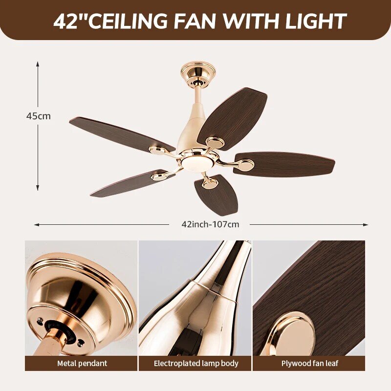 42"Modern Luxury Ceiling Fans With Light 5 Wooden blades 6 speed Strong Winds Ceiling Fan  Living Room Bedroom Silent Fan