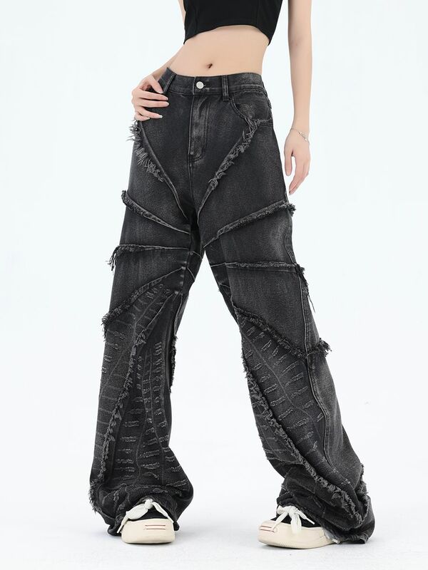 Jeansy w stylu distressed Retro, nowe, szorstki, wyprany w kamieniu, modne dżinsy męskie i damskie Y2K