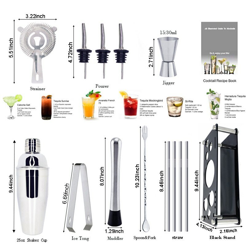 13-22Pcs 750ml 600ml Boston Cocktail Shaker Bar Outils Vin Mixer Set Barman Cocktail Shaker Outil Kit avec support