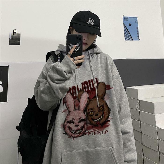 Осенне-зимняя Корейская уличная Толстовка в стиле Instagram в стиле хип-хоп с принтом темного кролика Свободные толстовки для мужчин и женщин модный топ для пар