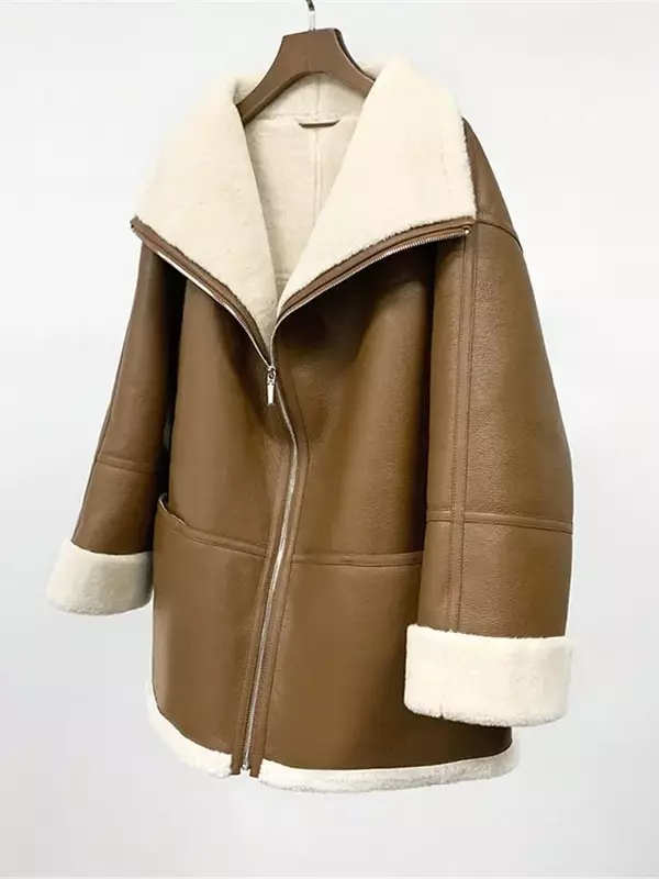 Casaco de pele sintética para mulheres, gola virada para baixo, bolsos com zíper, jaqueta quente, moda inverno