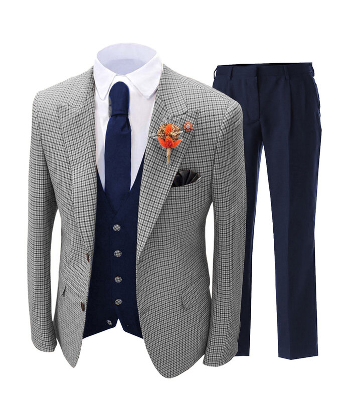 Men's Suit 3 Pieces Set Version Slim Fitting Casual Plaid Stripes Suitable For Wedding Banquets Jacket Vest With Pants