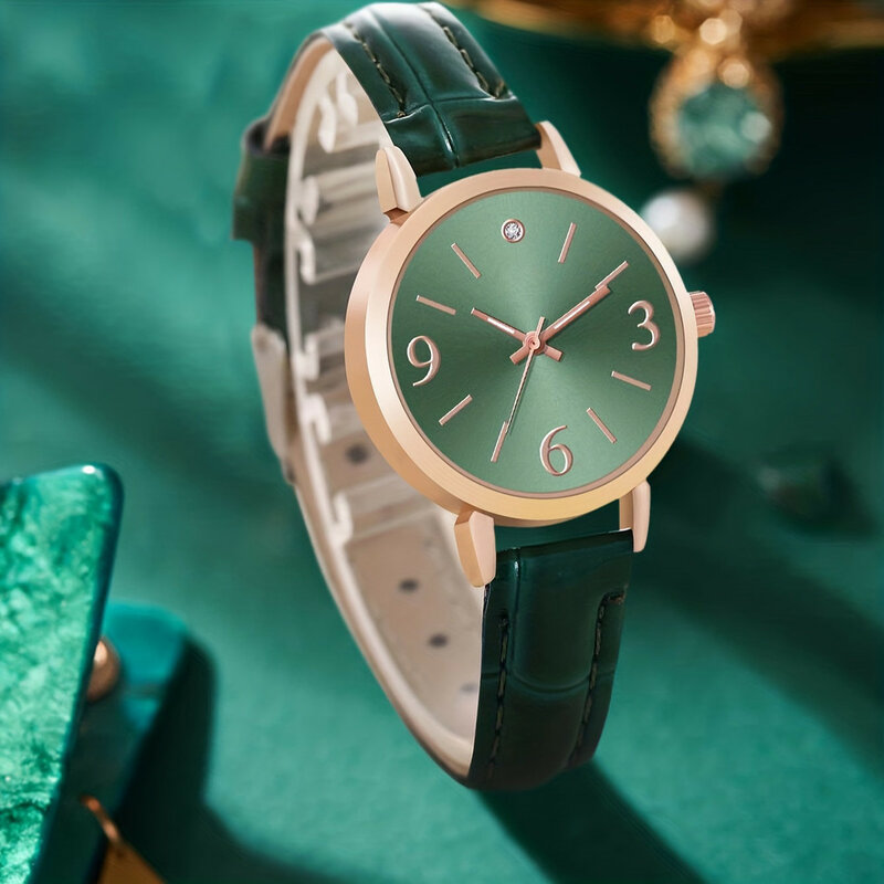 Kegllect 6 buah jam tangan wanita, Set hadiah tahan air hijau mewah perhiasan bulat Diaol gaya wanita hadiah ulang tahun tanpa kotak