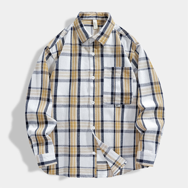 Camisa de manga larga de algodón a cuadros retro para hombre, abrigo de solapa de herramientas de tendencia suelta, camisa informal, tendencia de primavera, nueva