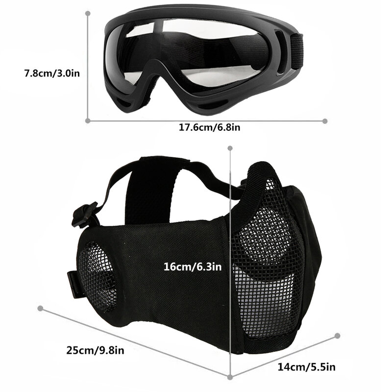 Maschera softair con occhiali, mezza faccia pieghevole Airsoft Mesh Mask con protezione per le orecchie per Paintball Shooting Cosplay CS Game