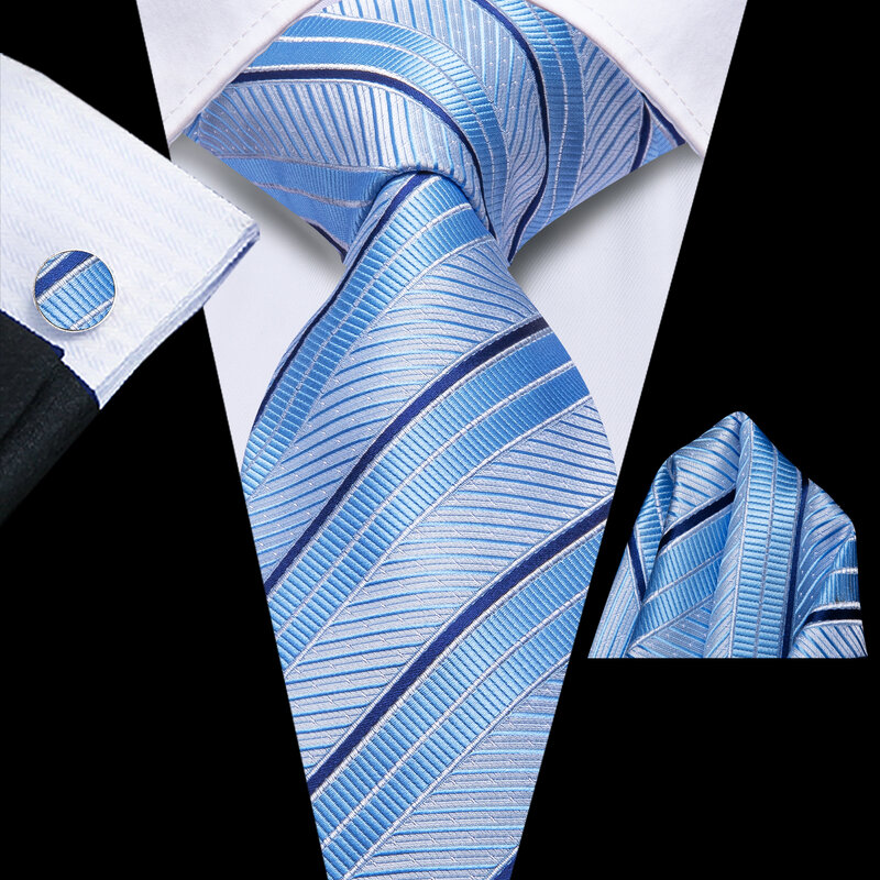 Hi-Tie Light Blue Striped Designer Elegant Tie for Men Fashion Brand Wedding Party Necktie Handky Cufflinks Wholesale Business
