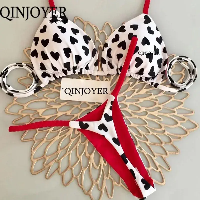 QINJOYER-Bikini brasileño con estampado de corazón para mujer, traje de baño de dos piezas con Tanga, ropa de playa, 2023