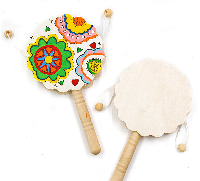 수제 패턴 흰색 배아 딸랑이 그래피티 나무 어린이 부, 따뜻한 창의적 멀티 플레이 수동 드럼, 재미있는 장난감 선물