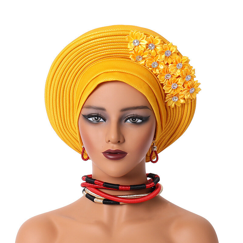 2024 New African Headtie turbante Nigeria Head Ties con fiori già realizzati Auto Gele Women Head Wraps for Wedding Party Cap Hat