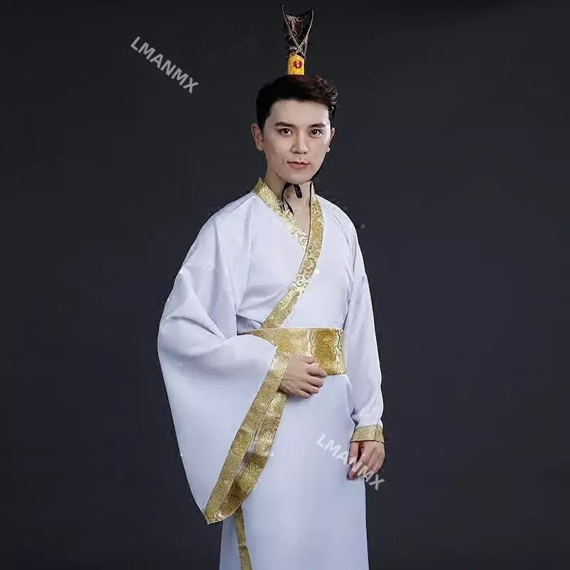 ชุดจีนโบราณผู้ชายชุดเต้นรำจีนแบบดั้งเดิมชุดกระโปรงซาตินแขนยาวสไตล์ฮั่นฝูชุดราชวงศ์ชิง