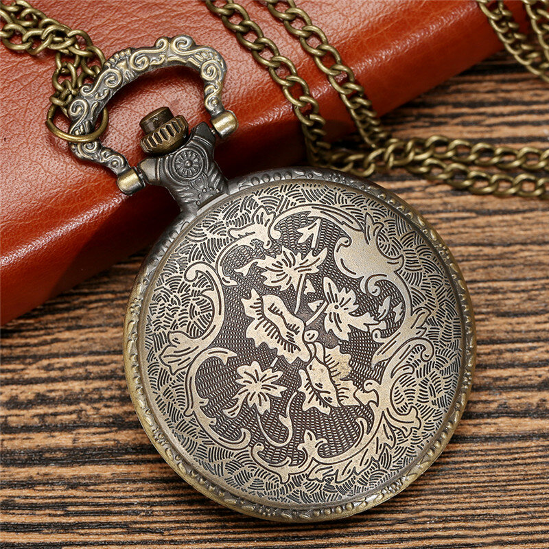 Jam tangan saku kuarsa hewan desain zodiak Tiongkok berongga perunggu untuk pria wanita dengan hadiah rantai kalung reloj