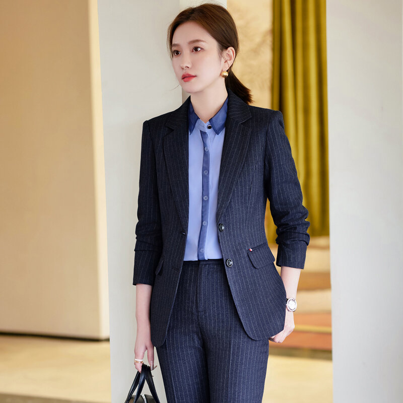 Blue Black Stripe Ladies Formal Pant Suit 2 Piece Set Women Female Autumn Winter Business Work Wear Jacket Blazer and Trouser
