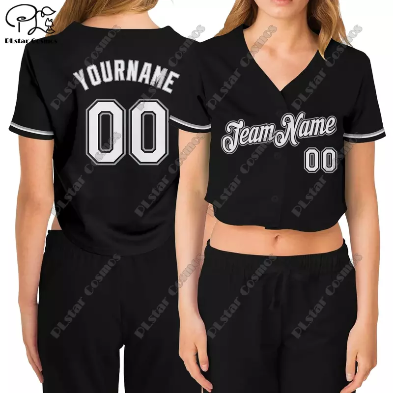 PLstar 코스모스 패션 3D 프린팅 블랙 + 화이트 커스텀 카디건, V넥 짧은 야구 유니폼 시리즈, 여름 신상