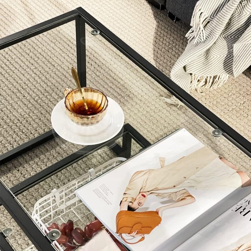 Tavolino da caffè in vetro metallico-tavolino centrale semplice per la casa del soggiorno, tavolino con struttura in metallo con 2 ripiani, moderno