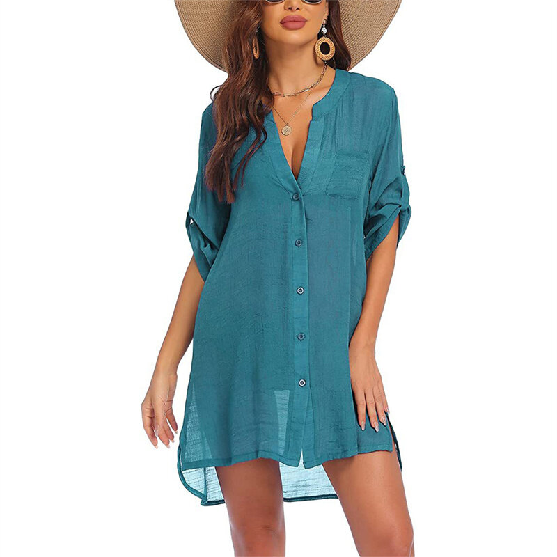 Camicia da spiaggia con protezione solare estiva Cardigan con Splicing con bottoni femminili Mini abiti da donna Bikini Cover-up Casual Vacation Beachwear