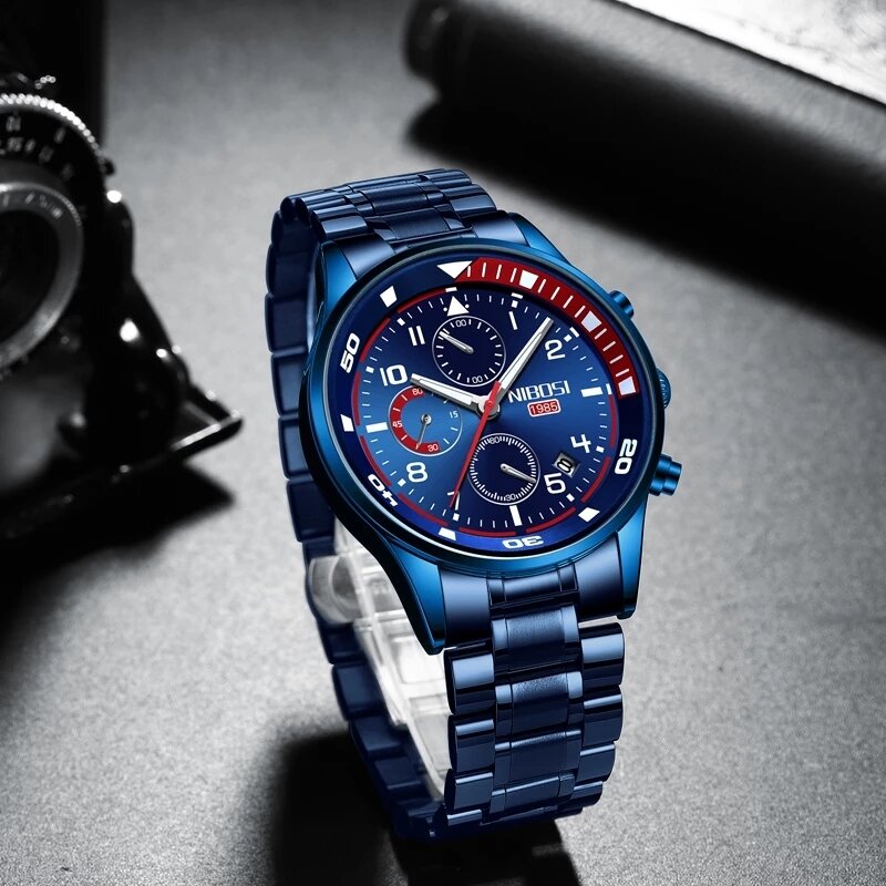 Nibosi relógio de quartzo de luxo masculino, aço inoxidável, impermeável, luminoso, fashion, para esporte