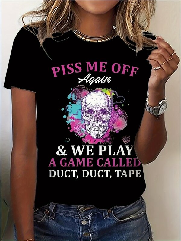 여성용 해골 프린트 티셔츠, 캐주얼 반팔 크루넥 탑, 용수철 및 여름