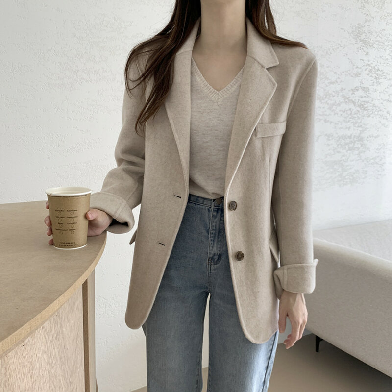 Blazer espesso de lã feminino, jaqueta chique estilo coreano high-end, casaco monocromático, blusa emagrecedora, senhora do escritório, outono e inverno, 2023