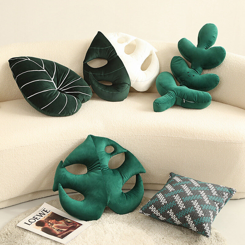 Almohada de felpa de hojas verdes de estilo nórdico INS para niños, cojín suave con forma de hoja de plátano, cara sonriente, decoración del hogar