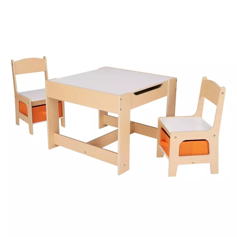 Senda Kids Wooden Storage Table and Chairs Set, Natural Color, Melamine, 3 Piece, 3-7 Years Old