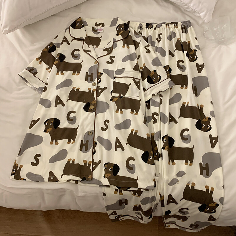 Frühling Sommer 2024 süße Damen Pyjamas Set Dackel Print Baumwolle zweiteilige Kurzarm Tops in voller Länge Hosen Nachtwäsche 3991