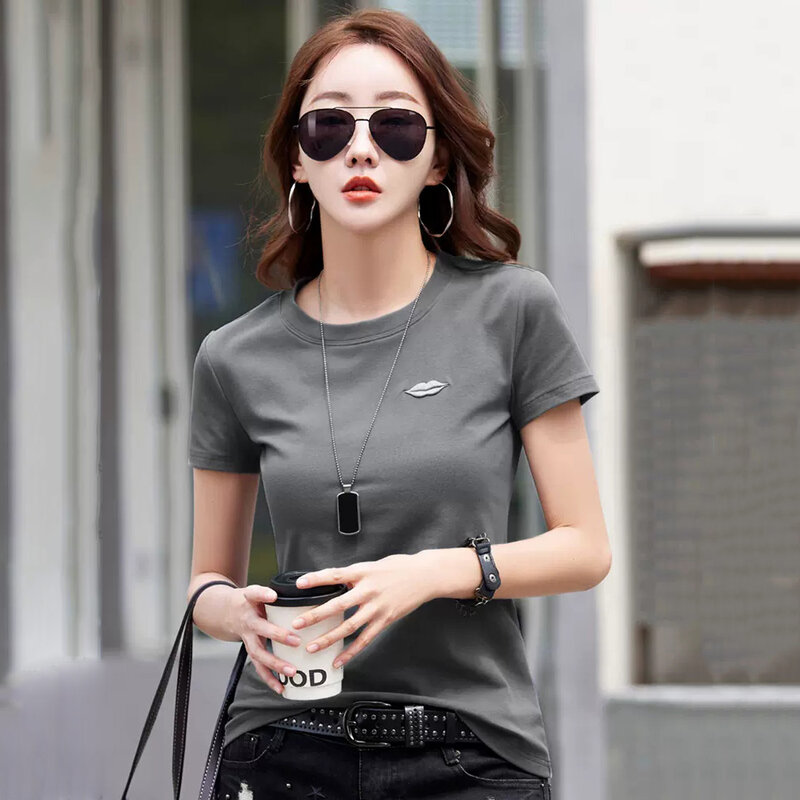 New Women Short Sleeve T-shirt Summer Fashion O-Neck Fine Embroidery Slim Tees Tops Classic Simplicity Basic Cotton T-shirt