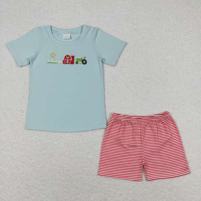Sprzedaż hurtowa dzieci z haftem komplety letnie malucha z krótkimi rękawami bawełniane koszulki spodenki dla dzieci Baby Boat Dog dwuczęściowy strój