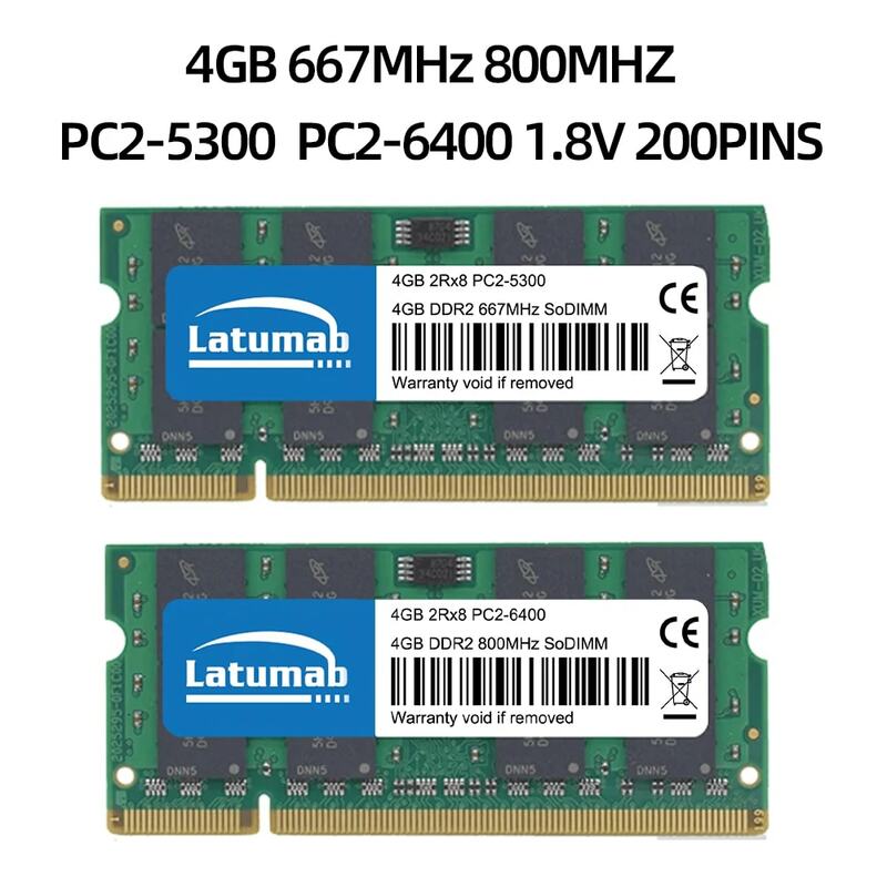 Latumab 메모리 RAM DDR2 노트북 SODIMM 메모리 PC2-5300, 6400 RAM, 200 핀, 1.8V, 듀얼 채널, 4GB, 8GB, 667MHz, 800MHz