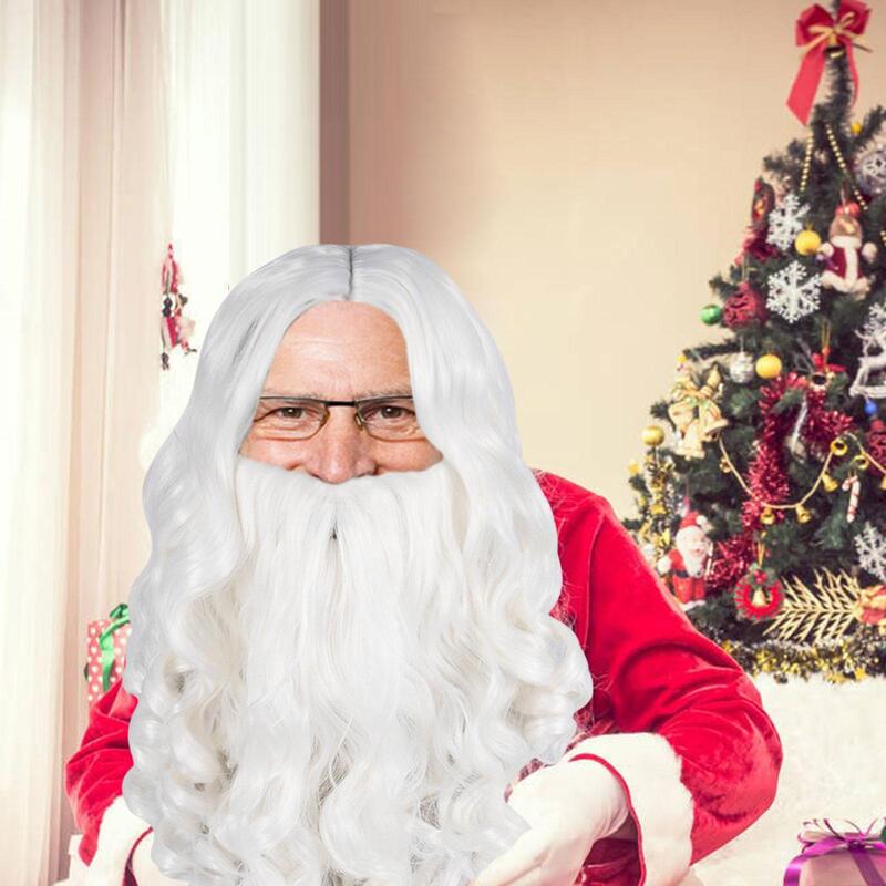 Papai Noel cabelo e barba conjunto para adultos, acessórios de fantasias para festivais, carnavais de Natal, festa, branco leve