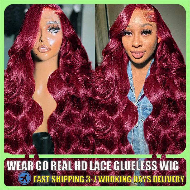 Perucas de cabelo humano dianteiro do laço HD para mulheres negras, 99J Borgonha, peruca frontal colorida vermelha, 13x4, 13x6, HD, 4x4, 5x5, 360, 40"