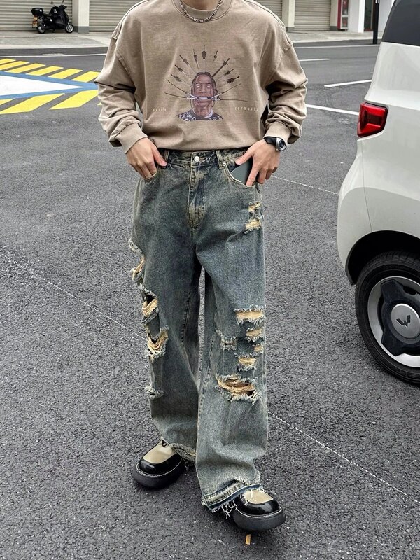 Personality Wash Do Old Blue Straight Hole Beggar Jeans Men Women Loose Wide-legged Drag Pants Y2k
