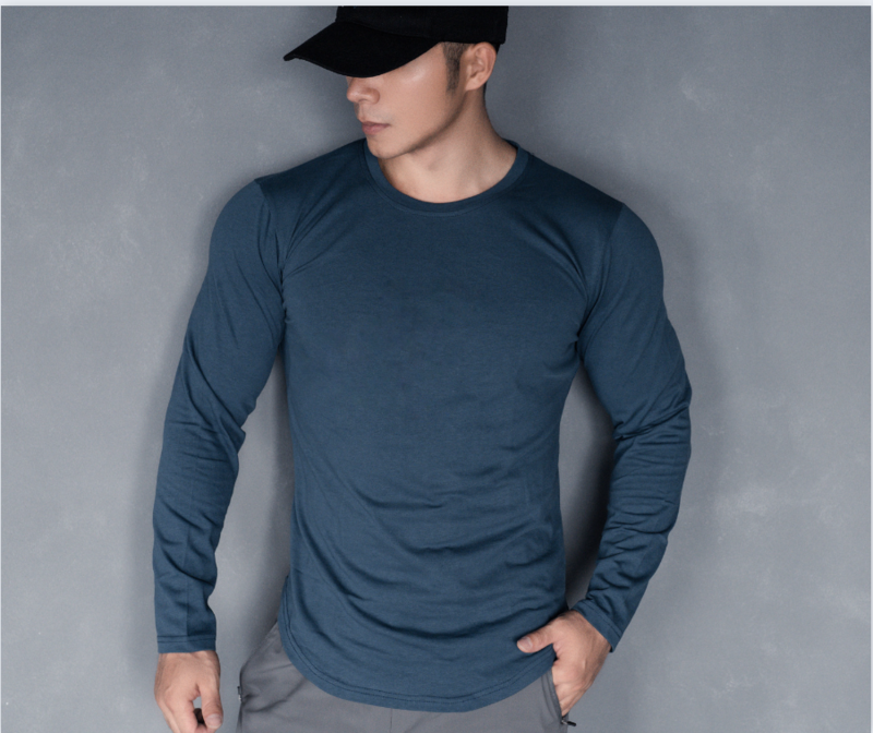 New Spring And Autumn Male Sports Leisure Running Fitness Exercise Cotton Elastic Solid Color Long Sleeve Base T-Shirt