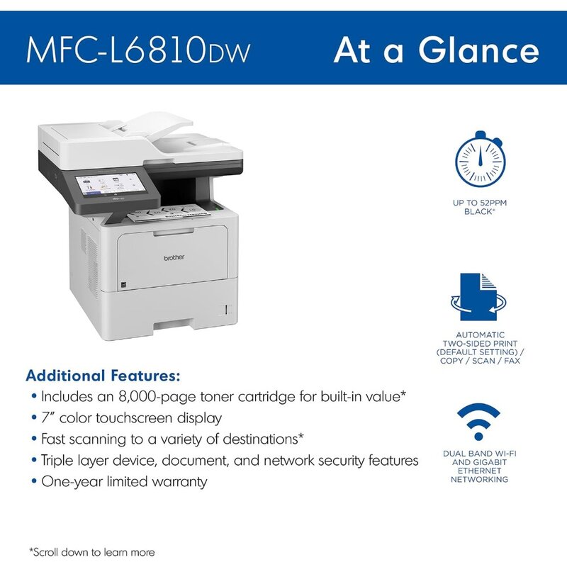 MFC-L6810DW monochromatyczna laserowa drukarka wielofunkcyjna dla przedsiębiorstw z niskim kosztem drukowania, duże papierowe pojemnością i sieciami bezprzewodowymi