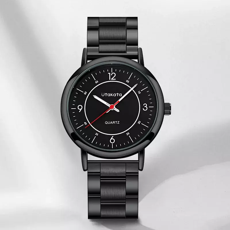 Jam tangan pria jam tangan pria low-key minimalis bisnis sabuk baja meja bercahaya jarum merah 0014