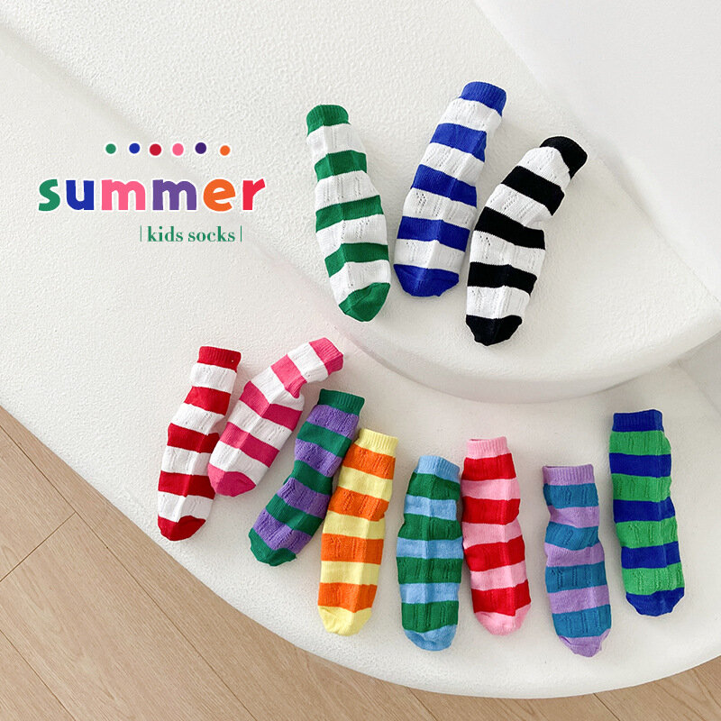 Calcetines de algodón con malla para niños y niñas, medias a rayas, 3 pares