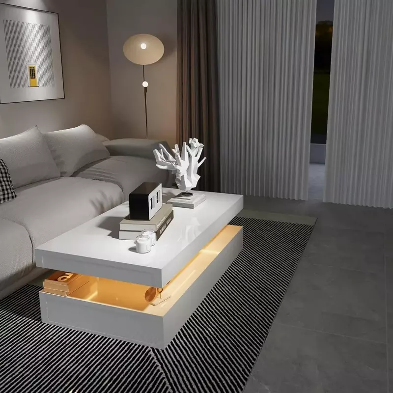 Mesa de centro Rectangular blanca para sala de estar con Control remoto, mesa de centro moderna de alto brillo con luz LED RGB, muebles