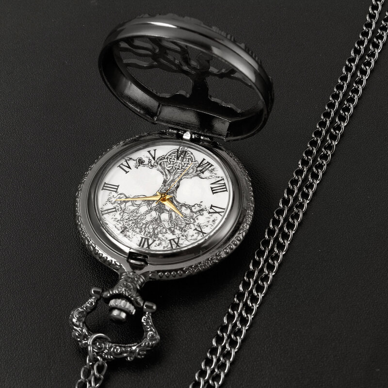 Винтажные полностью черные карманные часы узор Древа Жизни эскиз чернильная роспись циферблат карманы часы античное ожерелье Кварцевые часы на цепочке
