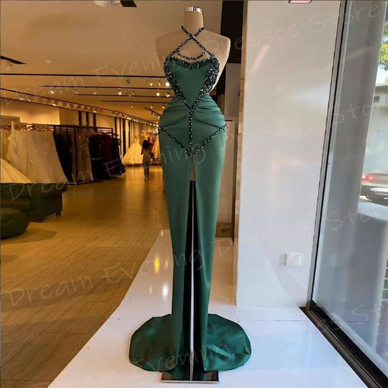 Fascinating Green Women's Mermaid Gorgeous Evening Dresses New Modern Halter Neck Prom Gowns High Split فساتين للمناسبات الرسمية