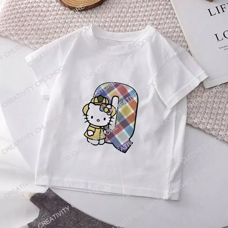 Camiseta de HelloKittys para niños, letra A, B, C, D... Camisetas de dibujos animados de Anime para niños, ropa informal Kawaii para niños, Tops para niñas, ropa