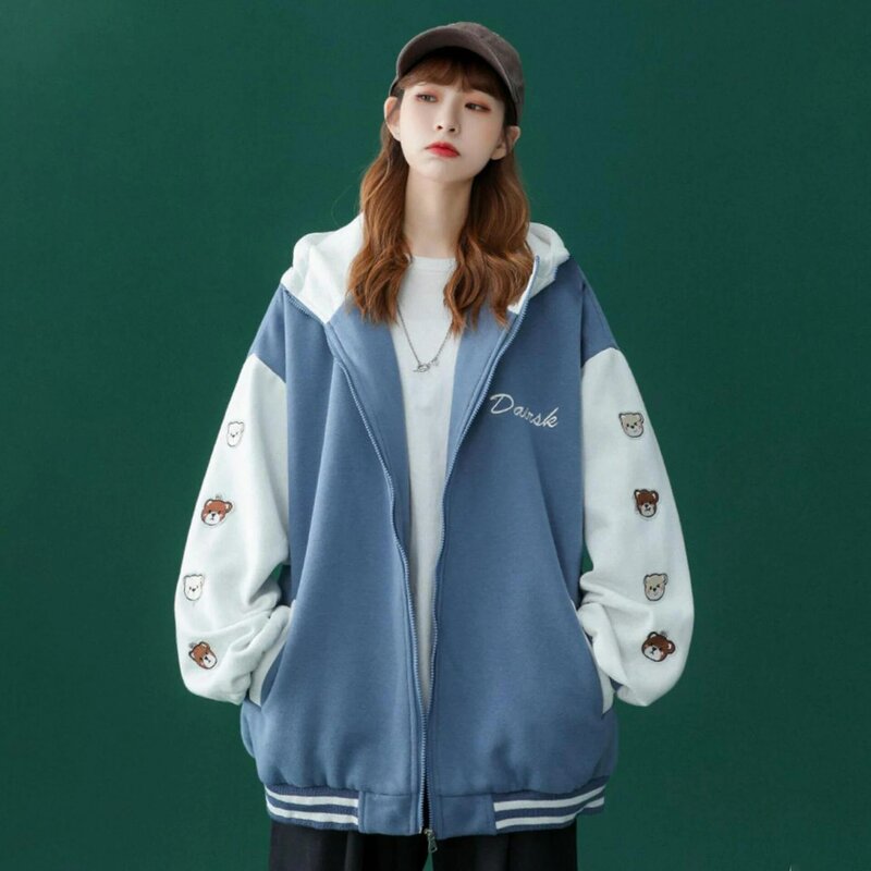 Baseball Suit Spring And Autumn New Harajuku Students Loose Joker Fleece-Lined Thickened Jacket Hooded Stitching Women's Fashion