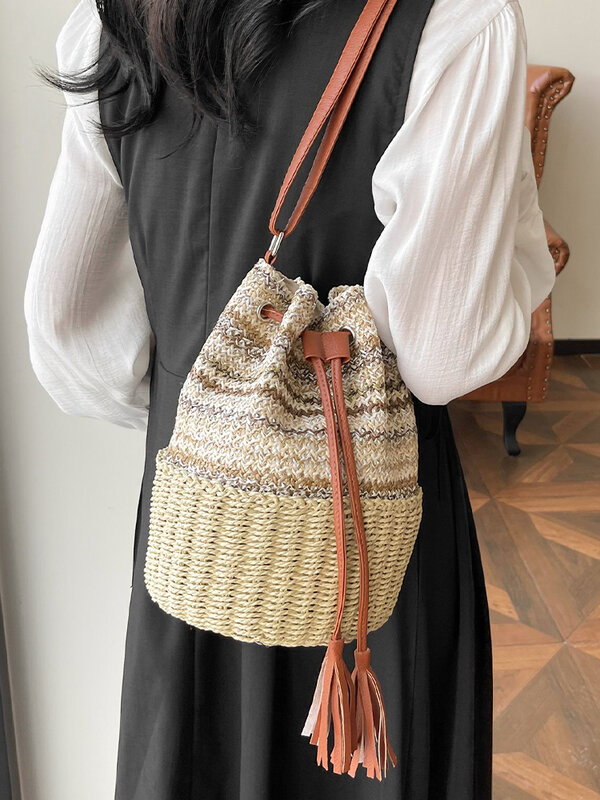 Bolso de paja tejido con estilo para mujer, bandolera de hombro, estilo informal y sencillo, 2024