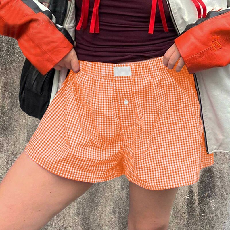 Women's Y2K Lounge Shorts Cute Soft Elastic Low Waist Plaid Print Button Front Pajama Bottoms Boxer Shorts Sleepwear