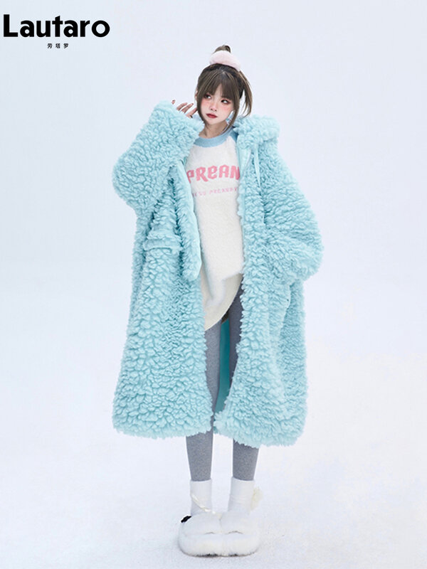 Lautaro ฤดูหนาวขนาดใหญ่ยาวสบายๆหนาอุ่นหนา Warm Fuzzy Fluffy Faux Fur Coat Hood ซิปแฟชั่น2023