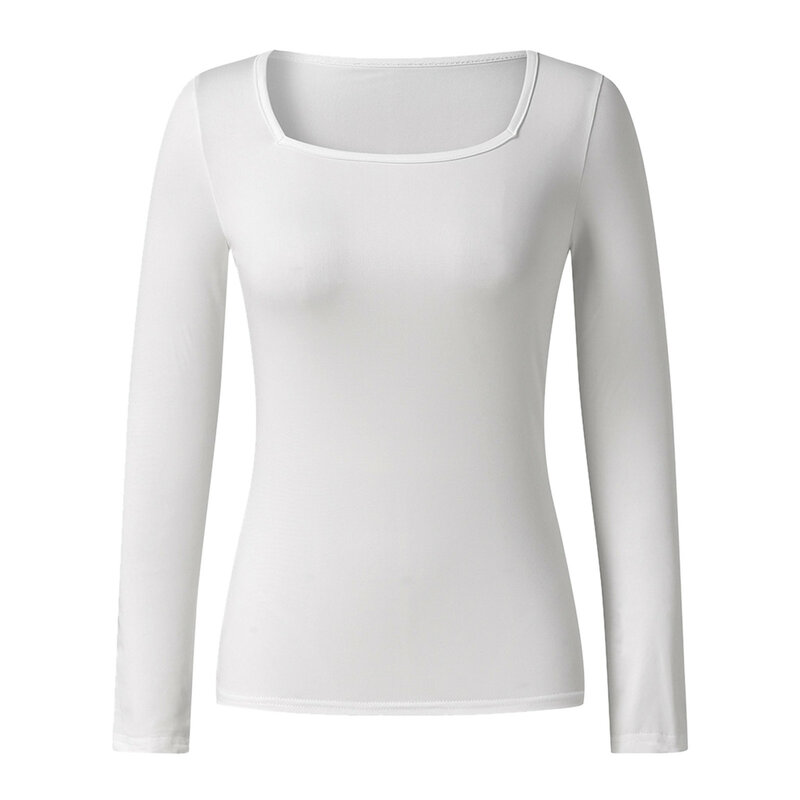 Top apertado de manga comprida feminino, camisa quadrada simples com gola, camisa casual, monocromática